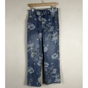 Floral Jeans Pants Womens M Blue High Rise Straight Leg Denim Cropped Feminine